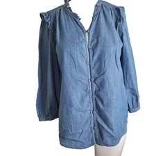 Lauren Conrad Small button front chambray top shirt ruffle longsleeve