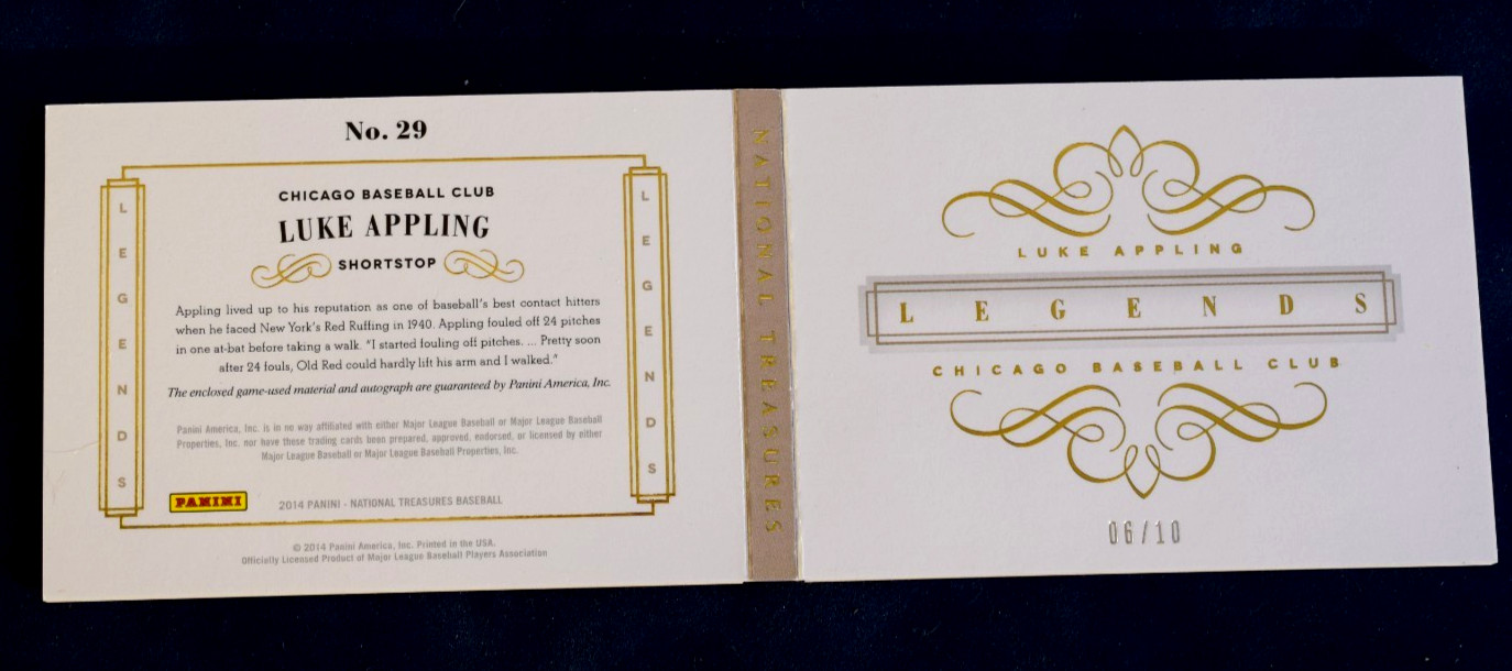 Luke Appling 2014 National Treasures Legends jersey auto booklet /10 view 2