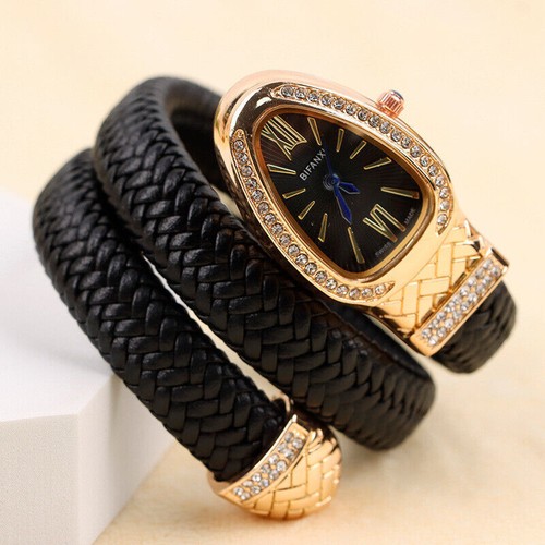 Women Diamond Spiral Leather Bling Serpentine Quartz Watch Snake Bracelet Watch - Picture 13 of 21