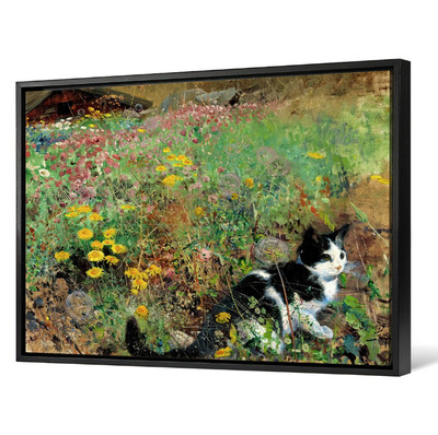 Hauszusatz Katze auf Blumenbeet Grafik Kunstdruck auf Leinwand schwarz 70 x 50 cm