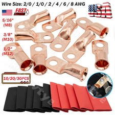 10/30Pcs Copper Wire Lugs AWG 2/0 1/0 2 4 6 8 Cable Ends Connectors with Tubing