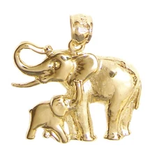 New 14k Yellow Gold Elephant With Calf Pendant