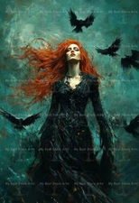 MORRIGAN FIRES ART PRINT, Witchy Gothic Poster, Celtic Goddess Decor Crow F133