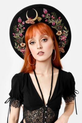 Restyle Hut Hexenhut Gothic Wildflower breite Krempe schwarz Wolle Mond Wald