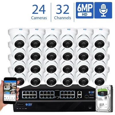 32CH NVR 24 X 6MP PoE IP 3.6mm Lens Microphone Turret Security Camera System 8TB