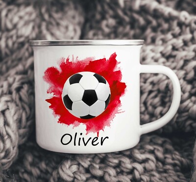Personalisierte Emaille Camping Tasse, Fußball rot Jungen Kleinkind Tasse Geburtstag Geschenk,