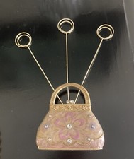 Enameled Jeweled Purse Picture/Card Holder 3 Photo Gold Tone Wire Coils Desk Top