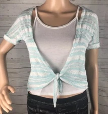 Amy Wear Sweater Set Girls Medium Pale Blue White Striped Tie Front Spring Top 