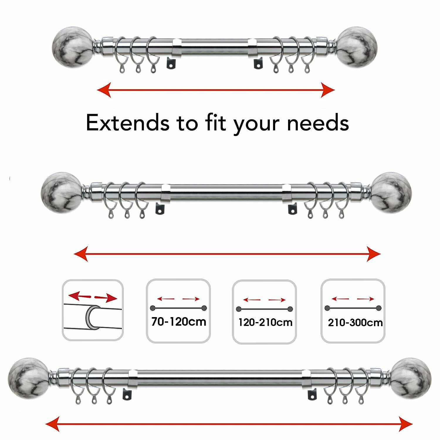 Metal Curtain Pole Set Chrome Extendable 28mm Finials Marble Rings