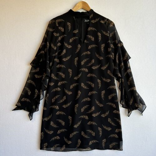 SAM EDELMAN Dress Womens 4 Black Feather Print Long Sheer Ruffle Sleeve - 第 1/9 張圖片
