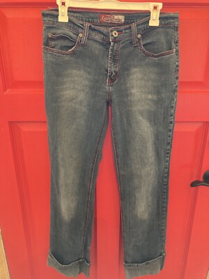 Y2K Vintage Lazer Jeans Low Rise Straight Leg Rolled Cuff Slit Red Trim Size 11
