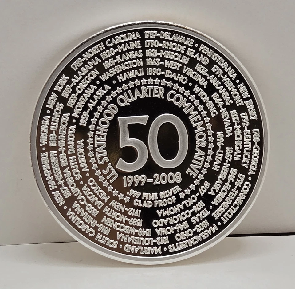1999-2008 Giant .999 Fine Silver CLAD Commemorative US States Quarter 2 1/2"  - Image 4 of 4