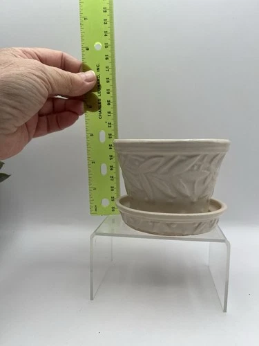 McCoy Pottery Planter W Saucer Vintage Flower Pot Cream W Leaves & Hobnail