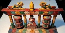 VTG Carved & Painted Medicine Buddha w. Prayer Wheels from Nepal 15"X 9.5" 1930