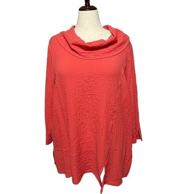Ali Miles Top Women XL Solid Red Cowl Neck Textured 3/4 Sleeve Tunic Lagenlook
