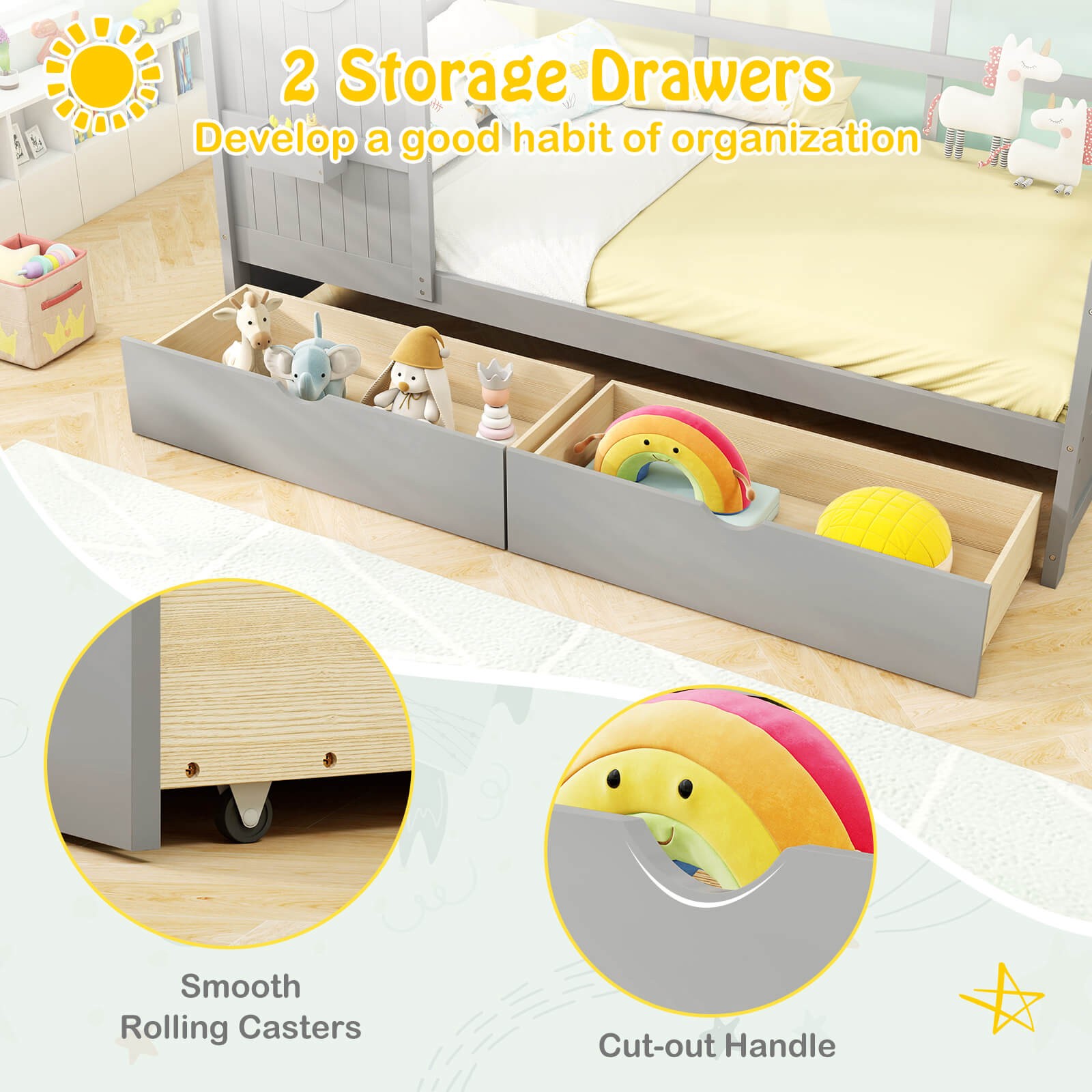 Twin Size House Bed Kids Bed Frame with 2 Storage Drawers & Fence Guardrails