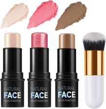 3 Pack Contour Highlighter Blush Sticks with Brush, Cream Bronzer Contour Stick 