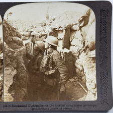 Entrenched Highlanders on The Lookout Using Mirror Periscope WWI Stereoview