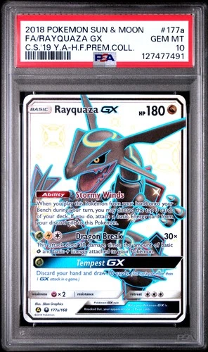 2018 POKEMON SUN & MOON CELESTIAL STORM #177A FULL ART/RAYQUAZA GX PSA 10