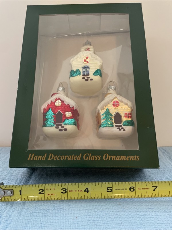 3 Hand Decorated Ornaments NIB by Bradford 2Cottages 1church Glitter Snow