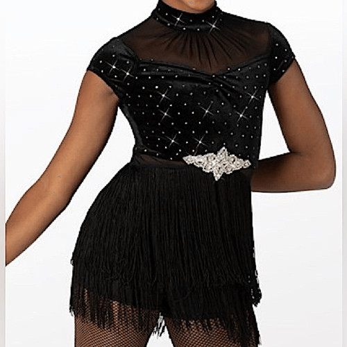 Weissman solo dance costume black velvet crystal fringe End Of Time 13009 SA