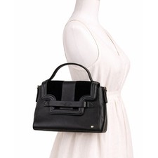 Halston Heritage Black Leather Top Handle Satchel Bag Gold Lining EUC Chic