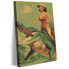 Vintage Cowgirl Riding Alligator Canvas Poster Print Wall Art Home Decor