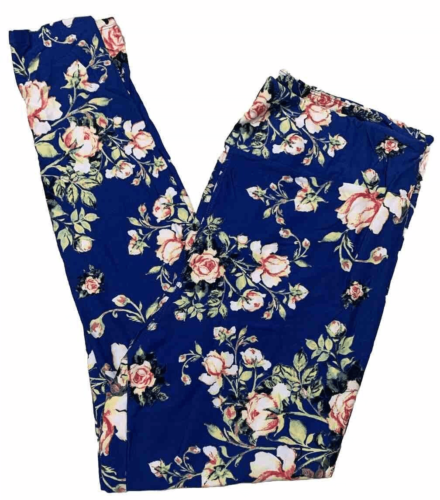LuLaRoe Womens Leggings Size TC2 Royal Blue Pink Roses Floral Plus 18+ NWT - Picture 1 of 4