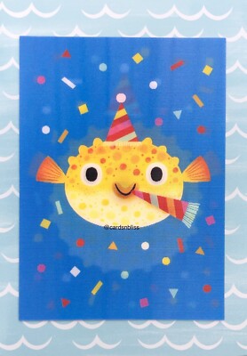 New! Papyrus Lenticular Puffer Fish Party Hat Confetti Birthday Card