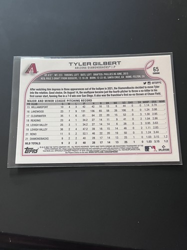 2022 Topps Chrome Tyler Gilbert #65 RC Arizona Diamondbacks - Picture 2 of 2