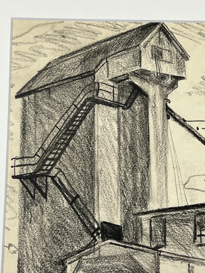 Depression Era WPA 绘图工业铣床带轨道车 14x11 Bruce Mitchell 复古 — 第 3/4 张图片