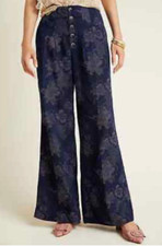 Pilcro Jacquard Wide Leg Pants 28 Blue Floral Button Fly Full Length