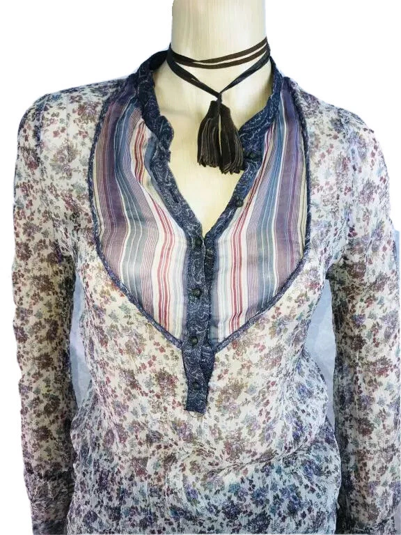 Blusa Top Zara Básica Boho Floral Púrpura Seda Medio Botón Tapeta Manga Larga S Foto 4 de 4