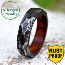 Customized Faceted Gunmetal Damascus Steel Ring Mens Hammered Band Wood Sleeve