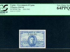 Cyprus:P-28a,3 Piastres,1943 * King George VI * PCGS Ch. UNC 64 PPQ *
