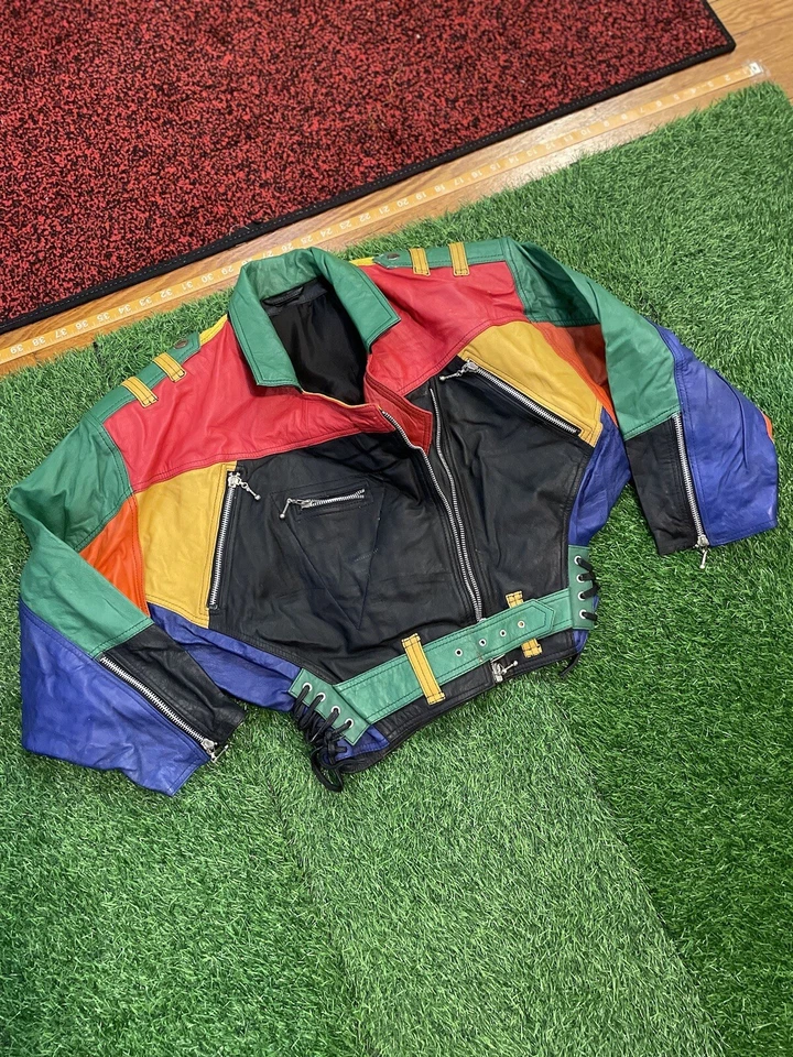 Винтажный WMNS кожи укороченный куртка маленький - хип-хоп T.L.C - 80-х / 90-х COLORBLOCK * РЕДКАЯ * - Изображение 2 из 4