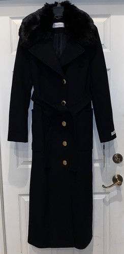 Calvin Klein Women's Faux Fur Trim Long Coat - Black - Size 8