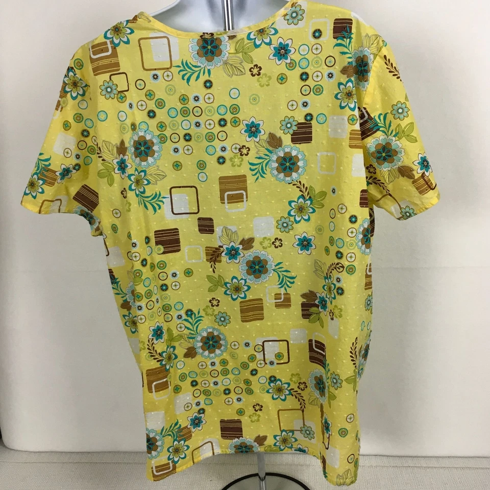 Cherokee Womens XL V-Neck Floral Scrub Top Two Pockets Yellow Blue Brown Flowers - Image 4 of 4
