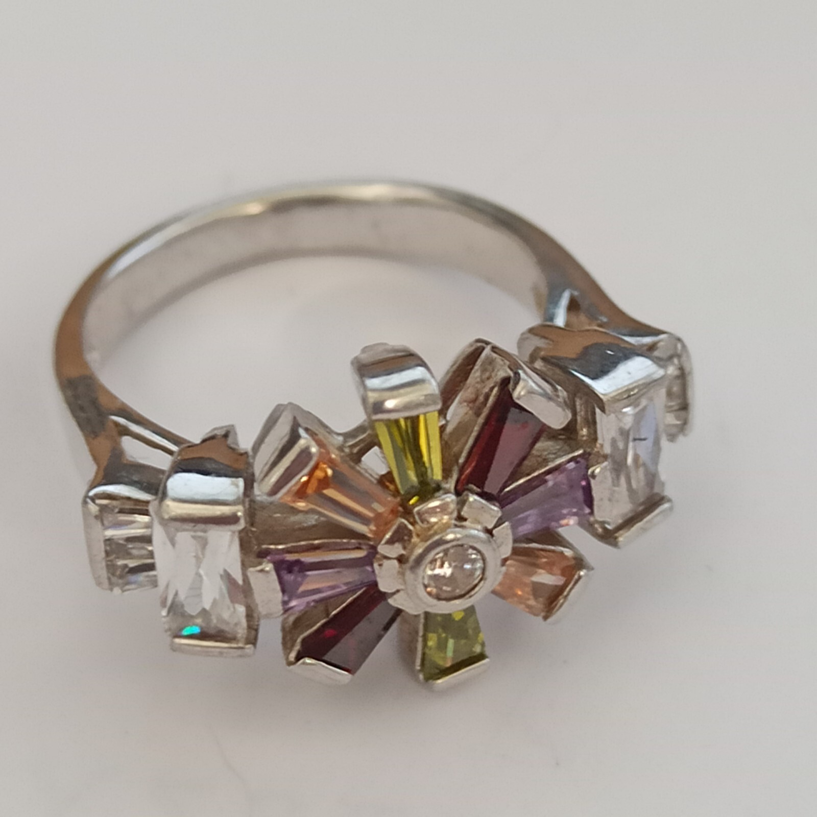 Silver Ring Multicolor Flower Crystals Stone Vint… - image 1