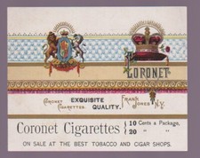 RARE XL UNRECORDED 1880s CIGARETTE CARD - FRANK JONES, N.Y. Coronet Cigarettes