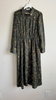 MNG Mango Women s XL 10 Olive Chain Print Button Front Maxi Shirt Dress