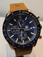 BENYAR Men's Chronograph Watch 45mm- Rose Gold/Blue w/ Brown Leather Strap NEW!