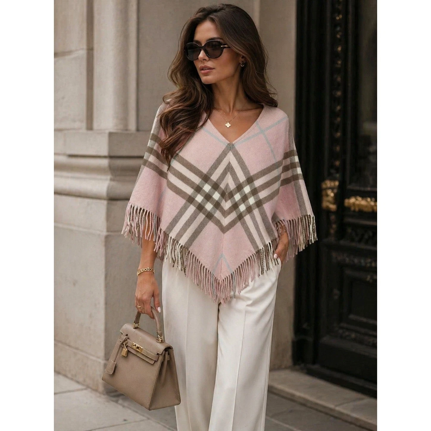 Burberry — Burberry London Pink Check Merino Cashmere Fringe Poncho OS
