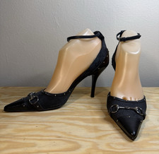 Vintage Gucci GG Canvas Horsebit Ankle Strap Pumps Black Studded Heels US 7B