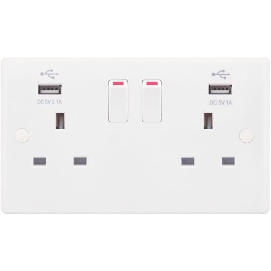 Selectric Smooth Edged 2 Gang SP Switched Sockets With USB Ports 13A