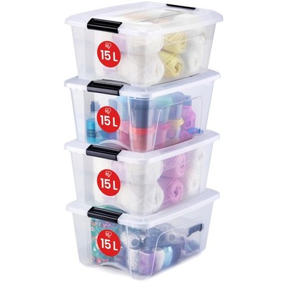 Iris Ohyama Aufbewahrungsboxen Kunststoffboxen 15L 4er Set Transparent Stapelbar