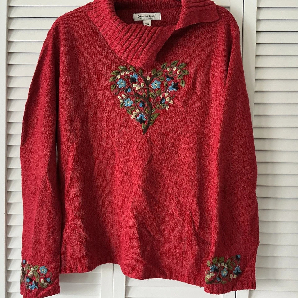 Coldwater Creek Vintage Sz L Red Embroidered Chunky Knit Sweater Grannycore Boho - Image 4 of 4