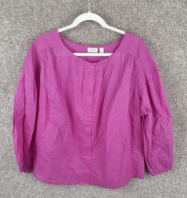 LOGO by Lori Goldstein 100% Cotton Button-Front Shirred Blouse Womens XL Pink