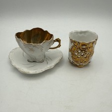 Vintage Miniature Tea Cups And Saucer White With Gold