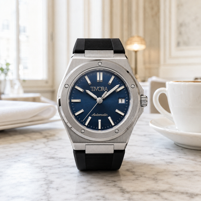 #ad TÍVORÁ Vertex Argent Steel Azure Dial Rubber Automatic Watch $285.00